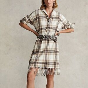 NWT Polo Ralph Lauren Plaid Fringe Cotton Tunic Dress Neutral Brown Check Size 8
